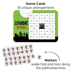Big Dot of Happiness Zombie Zone - Bar Bingo Cards and Markers - Halloween or Birthday Zombie Crawl Party Bingo Game - Set of 18