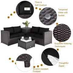 Tangkula Set of 4 Patio Rattan Furniture Set Cushioned Loveseat Storage Table Outdoor Black