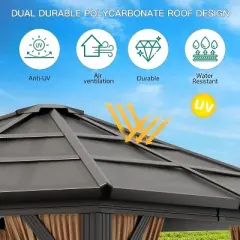 Hardtop Gazebo, Polycarbonate Roof Outdoor Canopy, Aluminum Frame Pavilion, with Netting and Sunshade Curtains, for Backyard, Patio, Lawns, Parties