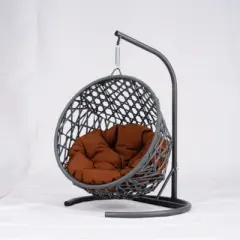 Indoor & Outdoor Hanging Wicker Cat Bed with Stand and Cushion, Egg Chair Style Swing for Small Pets-The Pop Home