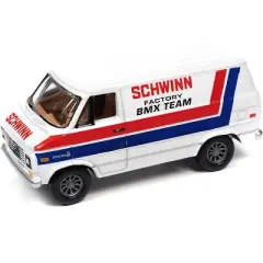 1976 Chevrolet G20 Van White with Stripes "Schwinn Factory BMX Team" "Pop Culture" 1/64 Diecast Model Car by Johnny Lightning