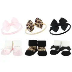 Hudson Baby Infant Girl 12Pc Headband and Socks Giftset, Leopard Black Silver, One Size
