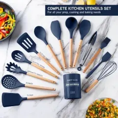 Country Kitchen Non Stick Silicone Utensil Set with Rounded Wood Handles for Cooking and Baking, 14 Piece Set, Navy