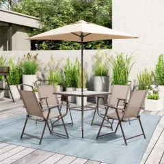 6pc Patio Dinning Set with 4 Folding Chairs Glass Table and Tan Umbrella without Base - Crestlive Products