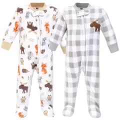 Hudson Baby Boy Baby Fleece Zipper Sleep and Play 2pk, Woodland