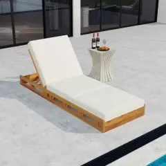 Outdoor Chaise Lounge Set, Chaise Lounge with Adjustable Backrest and Triple-Fold Cushion, Acacia Wood Frame Chaise Lounge-Coolbibila