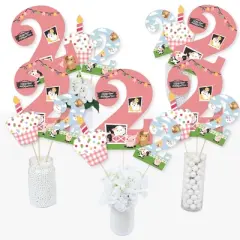 Big Dot of Happiness 2nd Birthday Girl Farm Animals - Pink Barnyard Second Birthday Party Centerpiece Sticks - Table Toppers - Set of 15
