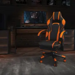 Emma and Oliver Black/Orange Ergonomic Gaming Chair -Recline Back/Arms, Footrest, Massaging Lumbar