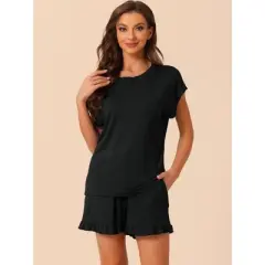 cheibear Women's Summer Soft Short Sleeves Tops with Ruffle Shorts Lounge Pajamas Sets