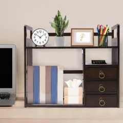 YIYIBYUS Desktop Bookshelf with 3 Drawer, Bamboo Tabletop Storage Container for Office, Home