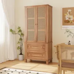 Kitchen Pantry Storage Cabinet, Kitchen Storage Cabinets with Rattan Doors and 2 Drawers, Pantry Cabinet with Adjustable Shelf