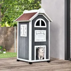 SKYONE 43"H Weatherproof 3-Floor Feral Cat Shelter: Fir Wood Outdoor/Indoor House with Hammock,