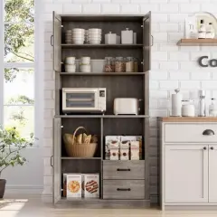 Kitchen Pantry Cabinet with 2 Drawers and Open Shelves, Tall Freestanding Kitchen Hutch with Microwave Stand for Dining Room