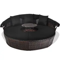 Tangkula Cushioned Patio Rattan Round Daybed w/ Adjustable Table 3 Pillows Black