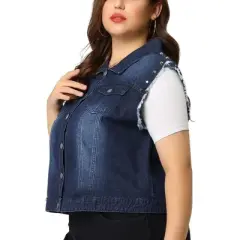 Agnes Orinda Women's Plus Jean Vest Chest Pockets Frayed Hem Single Breasted Denim Vest with Rivets