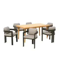 Christopher Knight Home Pula 7 Piece Outdoor Acacia Wood and Aluminum Dining Set with Umbrella Hole and Cushions