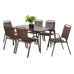 7 Pieces Patio Dining Set, Plastic chair and steel table Outdoor Set, plastic Chairs and Table Set for Garden Patio, Brown