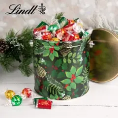 3 lb Happy Holidays Candy Gift Tin Hershey's Miniatures & Lindt Truffles - Golden Pinecones