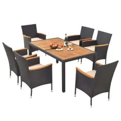 Costway 7 PCS Outdoor Dining Set for 6 with Umbrella Hole Acacia Wood Tabletop Poolside Black & Natural