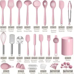 Itopfox Silicone Cooking Kitchen Utensil Set, 43 Pcs Pink Cooking Utensils with Turner, Tongs, Spoon, Spatula, Heat Resistant for Nonstick Cookware