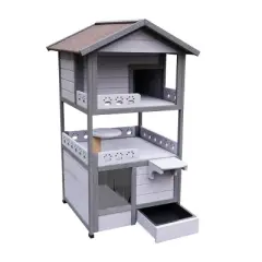 42" Three Story Outdoor Cat House with Balcony Large Cat Shelter Weatherproof Outside Cat House with Drawer & Pvc Door -The Pop Home