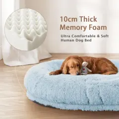 71''x45''x12''  Human Dog Bed Fits Adult 10 CM Thick Memory Foam Washable Oversize Dog Bed with Plump Pillow, Blanket, Strap - Blue