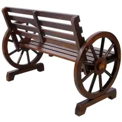 MOEPISY Double Wooden Wagon Wheel Bench, Rustic Design With Slatted Seat And Backrest - Brown