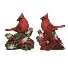 Transpac Resin Cardinal Holly Figurine Set of 2 - Charming Christmas Decorative Objects for Holiday Cheer
