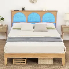 Bed Frame With Natural Rattan Headboard, Boho Wooden Platform Bed With Strong Wooden Slats, Noise-Free, No Box Spring Needed, Arch