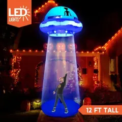 Joyfy 12 FT Tall Halloween Inflatable Outdoor Decoration, Inflatable UFO with Built-in LEDs for Halloween Party Yard Garden Lawn Outside Decoration