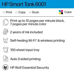 HP Smart Tank 6001 Wireless All-In-One Color Refillable Supertank Printer, Scanner, Copier - White (2H0B9A): Inkjet Printer, Wi-Fi Enabled