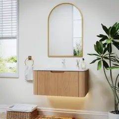 PexFix 30" Wall-Mounted Floating Solid Wood Bathroom Vanity with Mirror Modern Curved Edge Storage Bathroom Cabinet in Walnut with Ceramic Basin