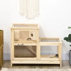 PawHut Extra Large Wooden Hamster Cage W/ Sliding Tray, Seesaw, Small Animal Habitat with Openable Roof, Wide Ramp for Racing, Running Wheel, Natural