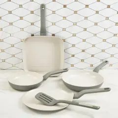 BergHOFF Leo Balance Non-stick Ceramic 5Pc Frying Pan Set With Nylon Turner 13.75", Recycled Material, Moonmist