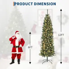 6/7.5/9/12ft Pencil Artificial Christmas Tree with LED Lights, Mixed PVC Flocked, Slim Prelit Tree, Easy Assembly, Indoor Outdoor Holiday Decoration
