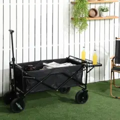 Outsunny Collapsible Wagon, Graden Carts with Wheels, Adjustable Handle, Folding Table and Cup Holders, Black