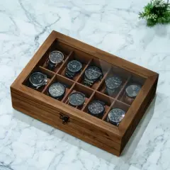 Rustic Walnut Watch Box, 10-Slot Solid Wood Organizer with Glass Lid, Display Case, Removable Pillows - Perfect Gift for Loved Ones