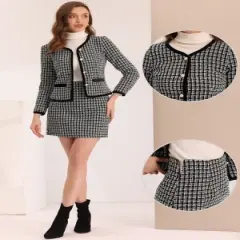 Allegra K Suit Set for Women's 2 Piece Outfits Plaid Tweed Short Blazer Jacket and Skirt Sets