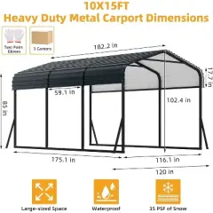 Acekool 10 x 15 FT Metal Carport, Heavy Duty Galvanized Steel Roof Shelter, Tall Garage Canopy with Enhanced Base for Cars, Trucks, Boats, Gray