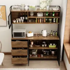 Famapy 59 in. W Kitchen Wood Buffet Sideboard Pantry Cabinet For Dining Room with Metal MDoors 3-Drawers Shelves