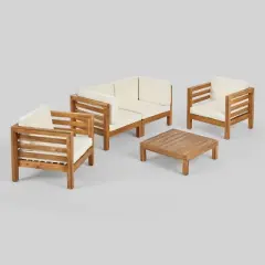 Oana 5pc Acacia Wood Loveseat Chat Set Teak/Beige - Christopher Knight Home