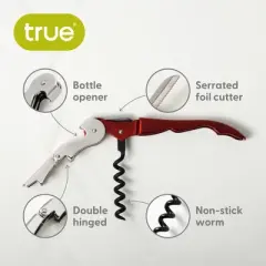True TrueTap Metallic Red Double Hinged Waiter&rsquo;s Corkscrew, Stainless Steel Wine Key with Foil Cutter