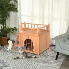 PawHut 2-Level Elevated Waterproof Outdoor Wooden Treehouse Cat Shelter With Balcony