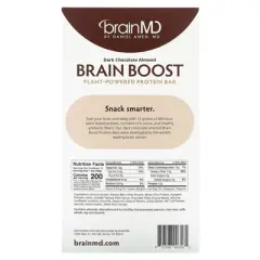BrainMD Brain Boost, Plant-Powered Protein Bar, Dark Chocolate Almond, 10 Bars, 1.5 oz (50 g) Each