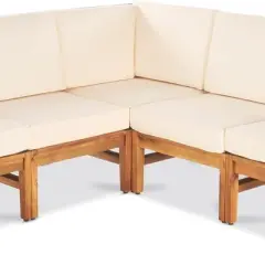 Outdoor Sectional Sofa Set, 5 Seater Sofa Set with Side Armrest Sofa, 5 Pcs Sofa with Wood Frame and PE Cushions and PE Pillows-Coolbibila