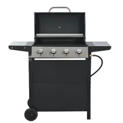 Cesicia Gas Grill, 4 Burner Barbecue Grill, Patio Garden Barbecue Grill with 2 Shelves, Lid, Wheels and Bottle Opener