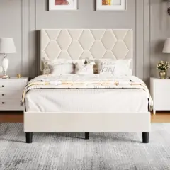 Platform Bed Frame with Upholstered Headboard, Linen Fabric Upholstered Bed Frame with Adjustable Headboard