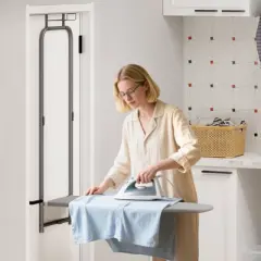 Costway Space-Saving Over the Door Ironing Board with  Iron Holder & Cotton Cover Gray Gray/Blue