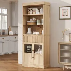70" Tall Kitchen Pantry Cabinet, Storage Cabinet with Fluted Drawer & Glass Doors, Floor Cabinet for Office, Living Room, Entryway