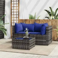 vidaXL 3-Piece Outdoor Lounge Set in Gray Poly Rattan with Blue Cushions - Includes Glass-Top Coffee Table, Modular Design, and Comfortable Seating